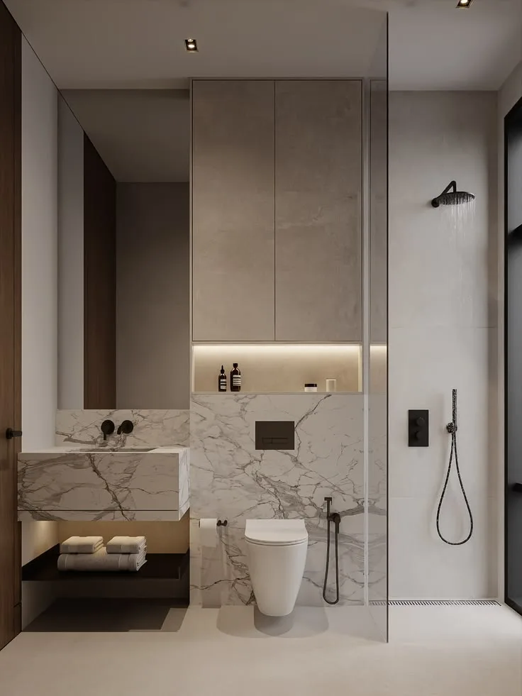 Original interior render of a minimalist bathroom: marble vanity with black wall-mounted taps, wall-hung toilet, walk-in shower and oak cabinetry
