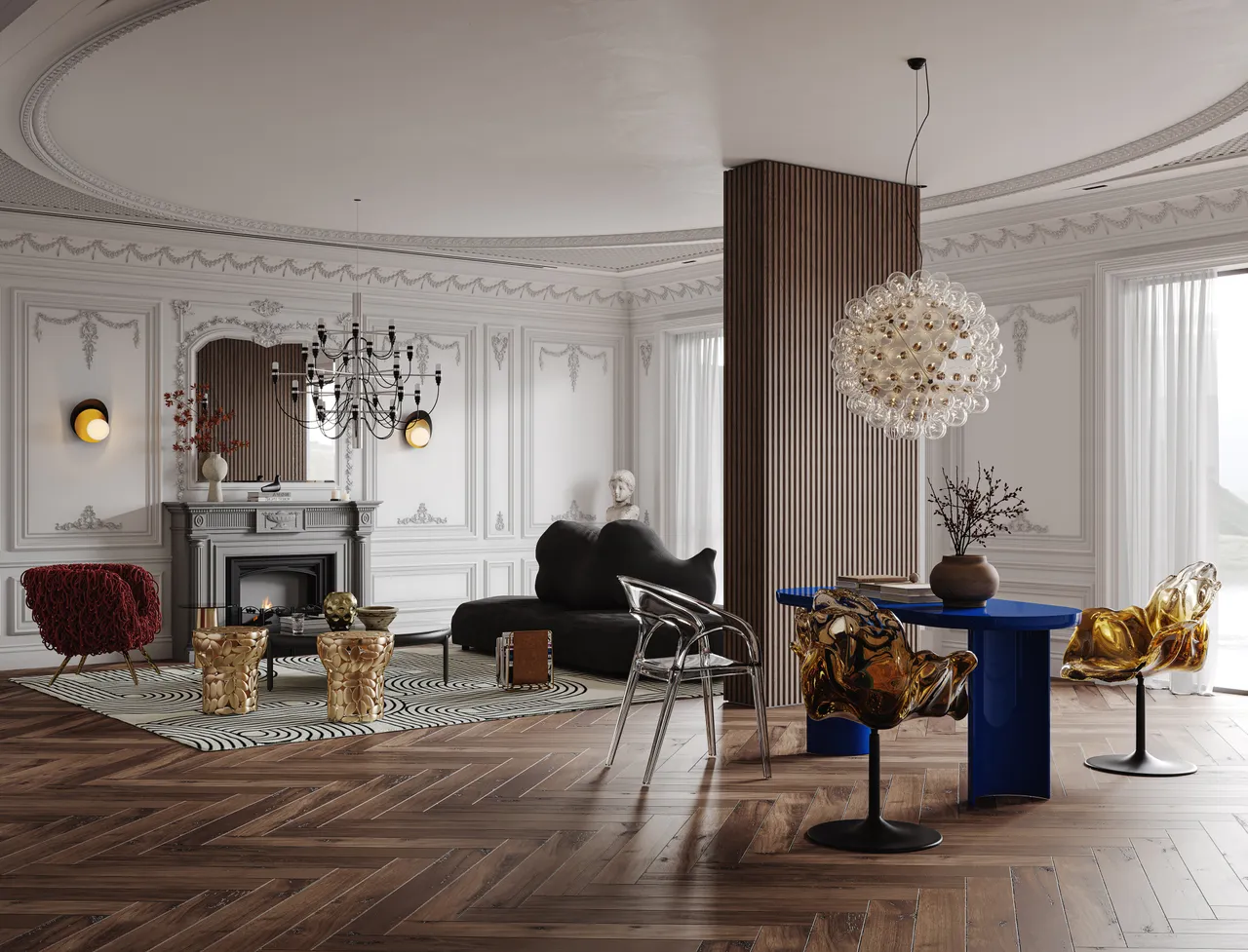 Original interior render of an eclectic salon: blue table, sculpted gold chairs, herringbone floor, classical wall panels and a marble fireplace